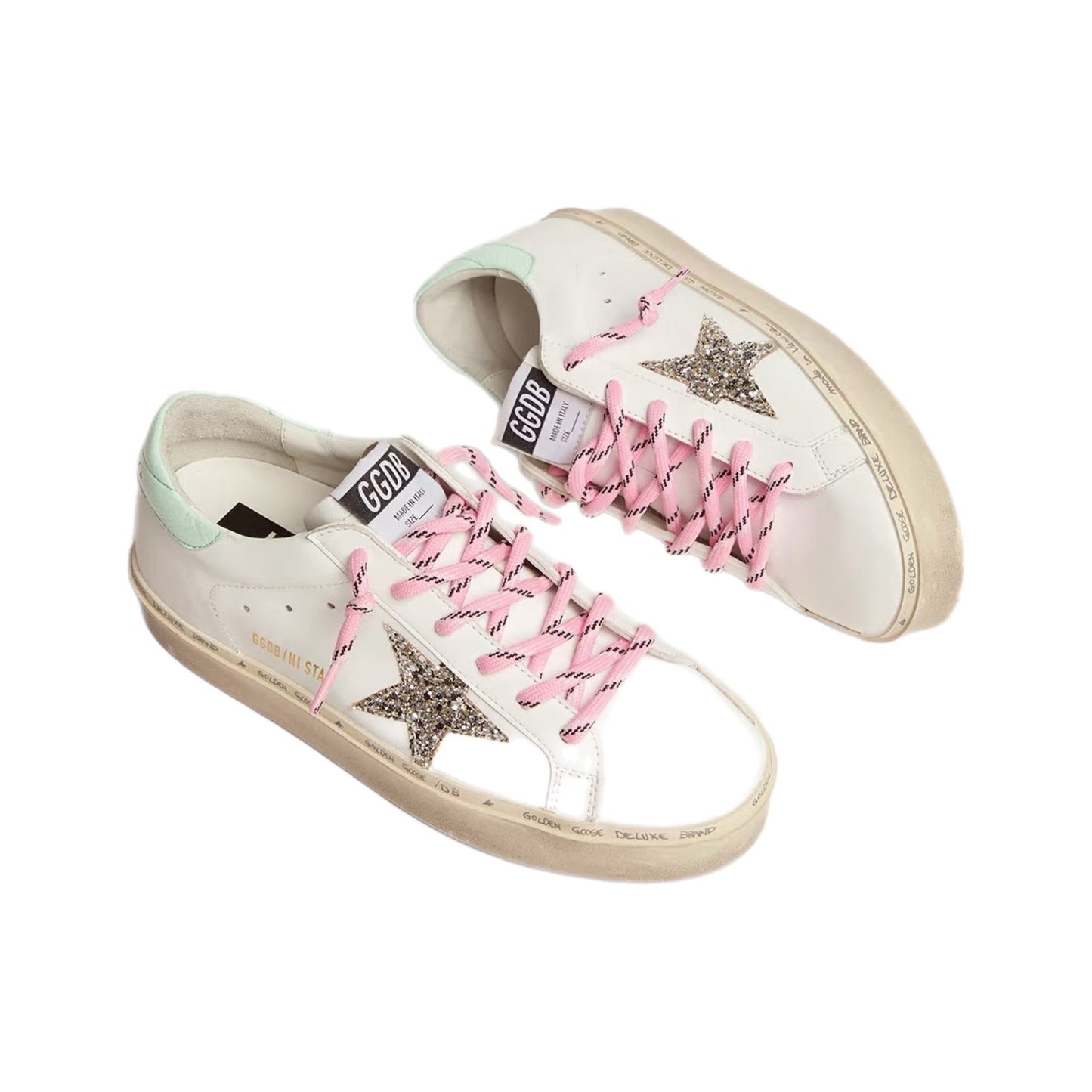 Golden Goose - Women's Hi Star with platinum glitter star and aqua green heel tab