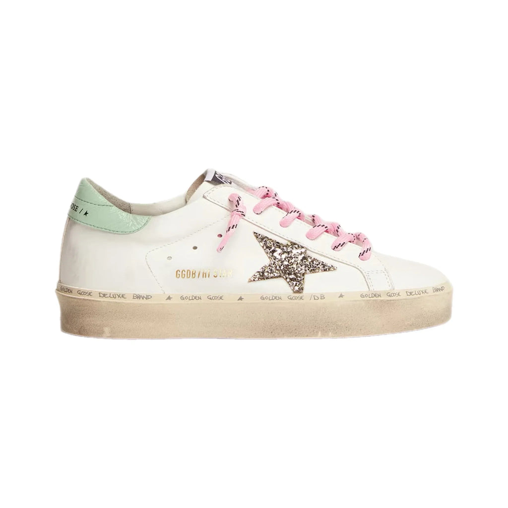 Golden Goose - Women's Hi Star with platinum glitter star and aqua green heel tab