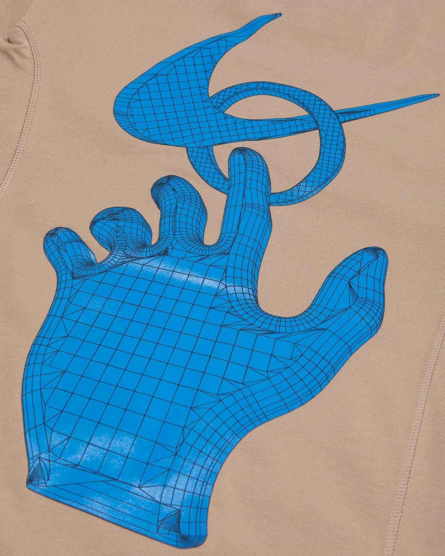 Nautica bej tişört üzerinde mavi 3D grafik el ve çapa logosu baskısı