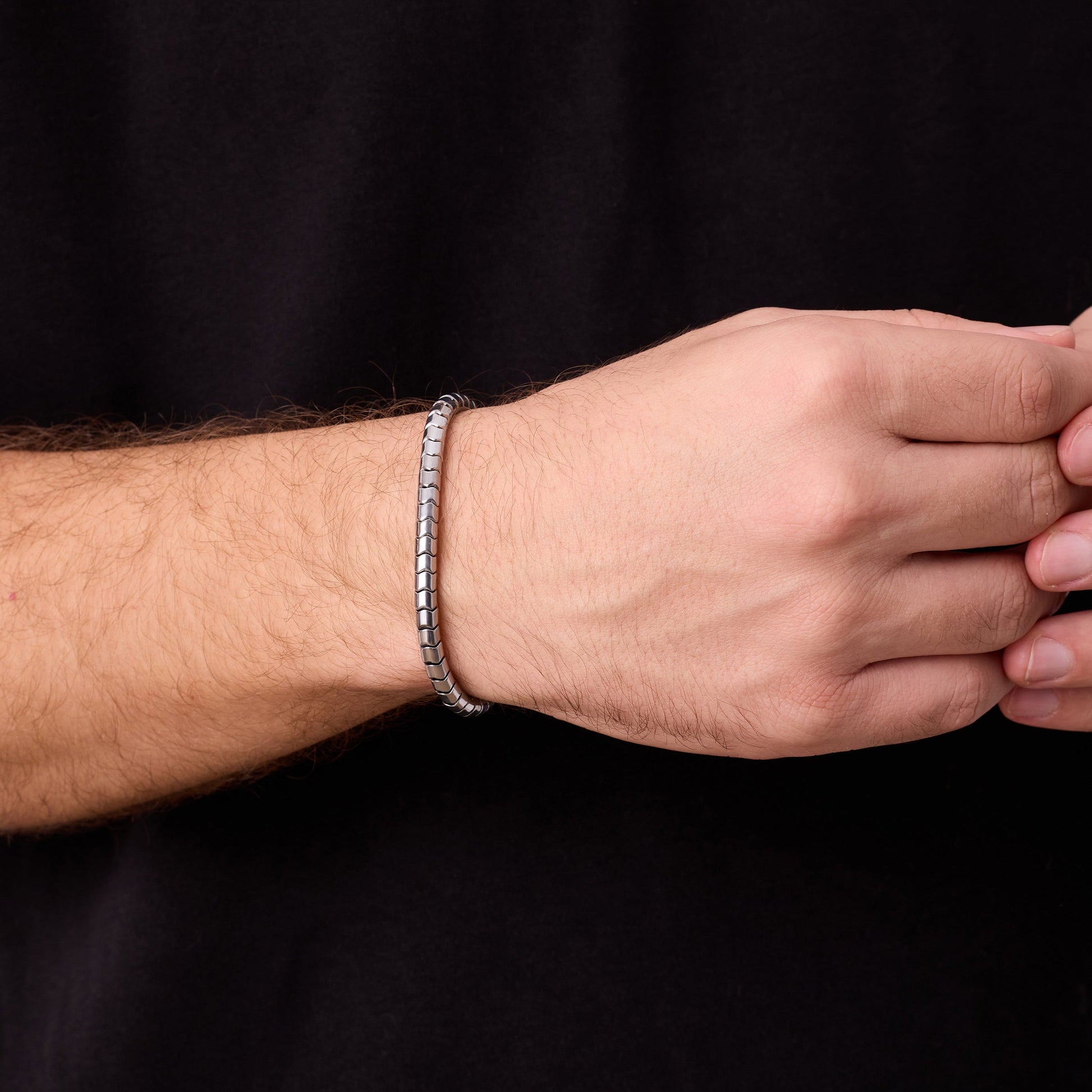 Gümüş Kaplama Çelik Doğal Hematit Taşlı Erkek Bileklik