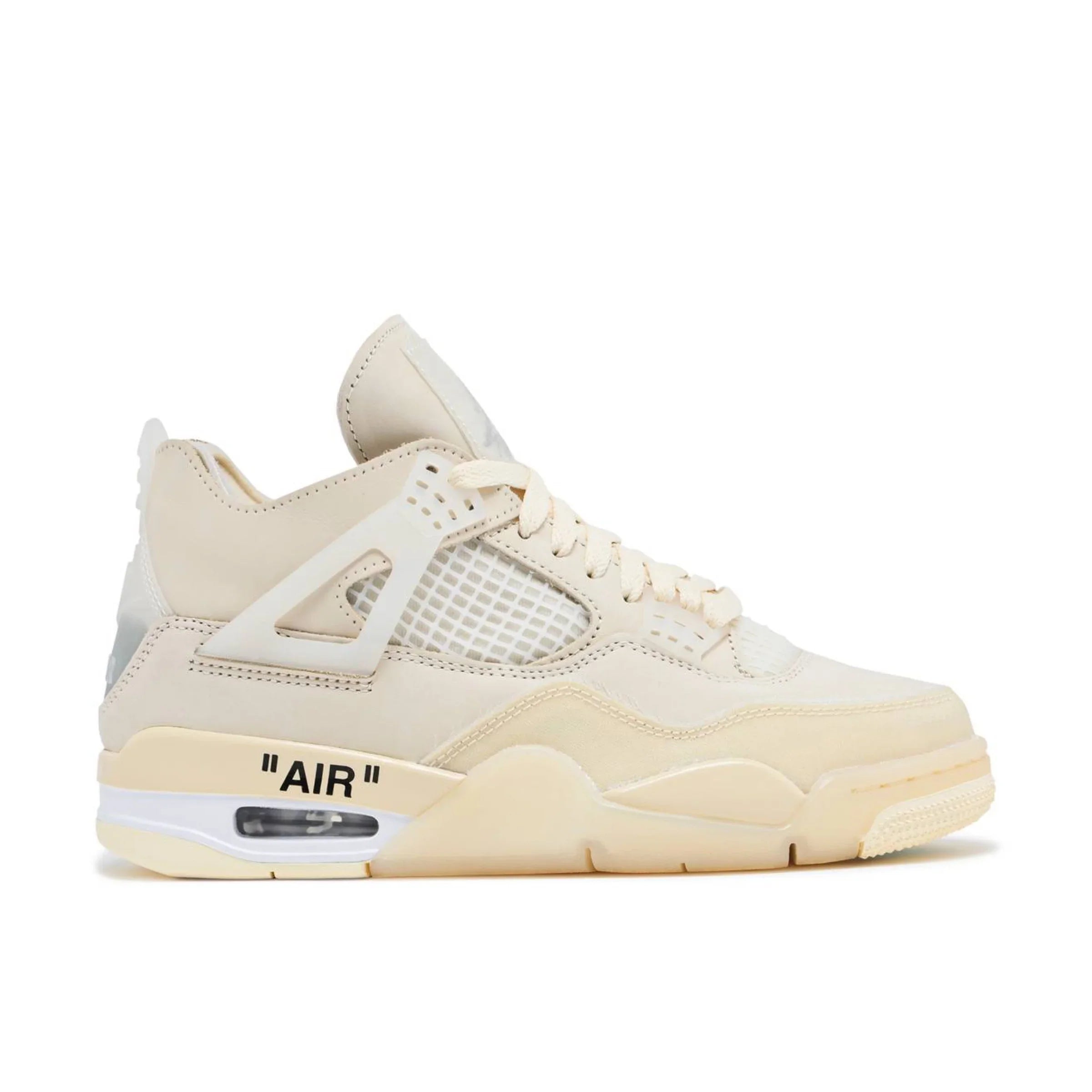 Off-White x Nike Air Jordan 4 krem rengi sneaker, beyaz file detay, siyah Air yazısı