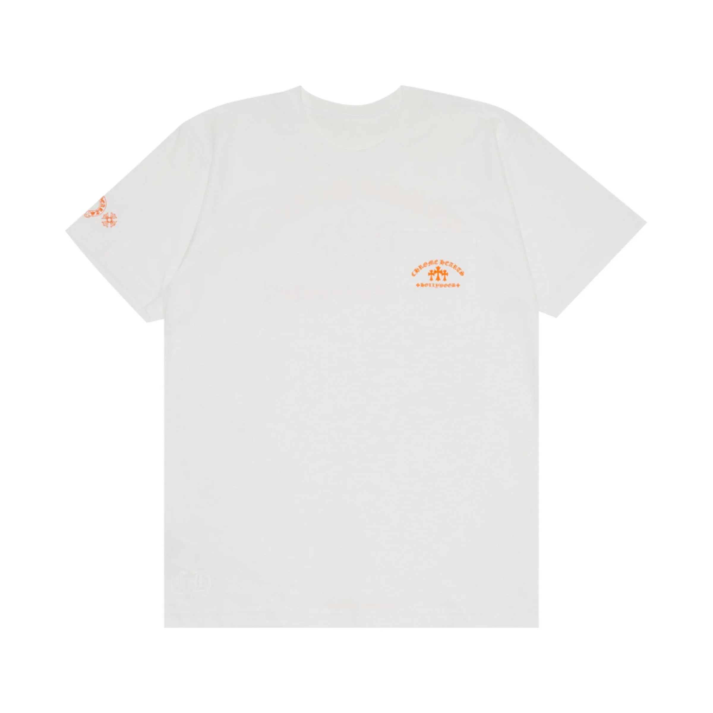 Chrome Hearts beyaz tişört, turuncu logo baskılı cep ve kol detayı, rahat pamuklu