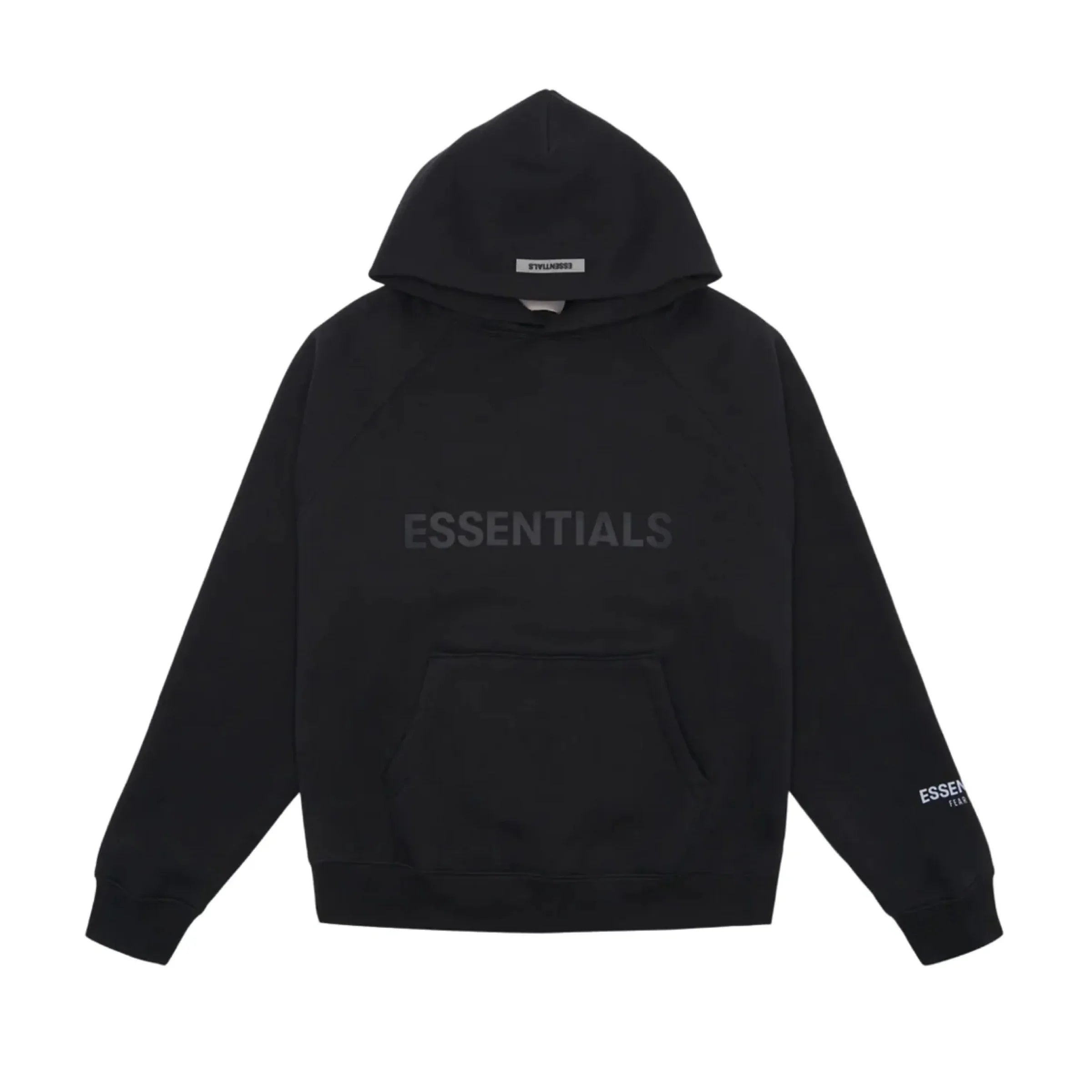 Siyah Essentials marka kapüşonlu sweatshirt, önünde ve kolunda logolu, rahat kalıp