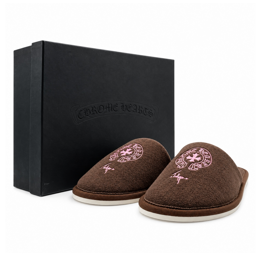 Chrome Hearts Tokyo Exclusive Horseshoe Embroidered Brown Slippers