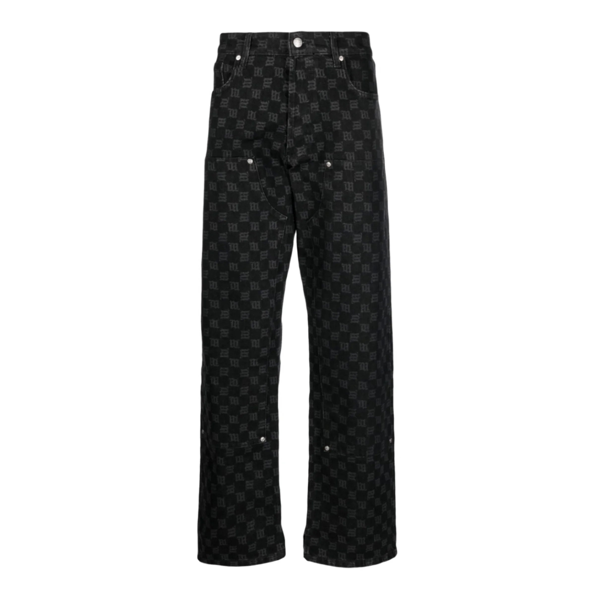 Siyah desenli Moncler erkek jean pantolon, rahat kesim ve metal düğmeli cep detaylarıyla