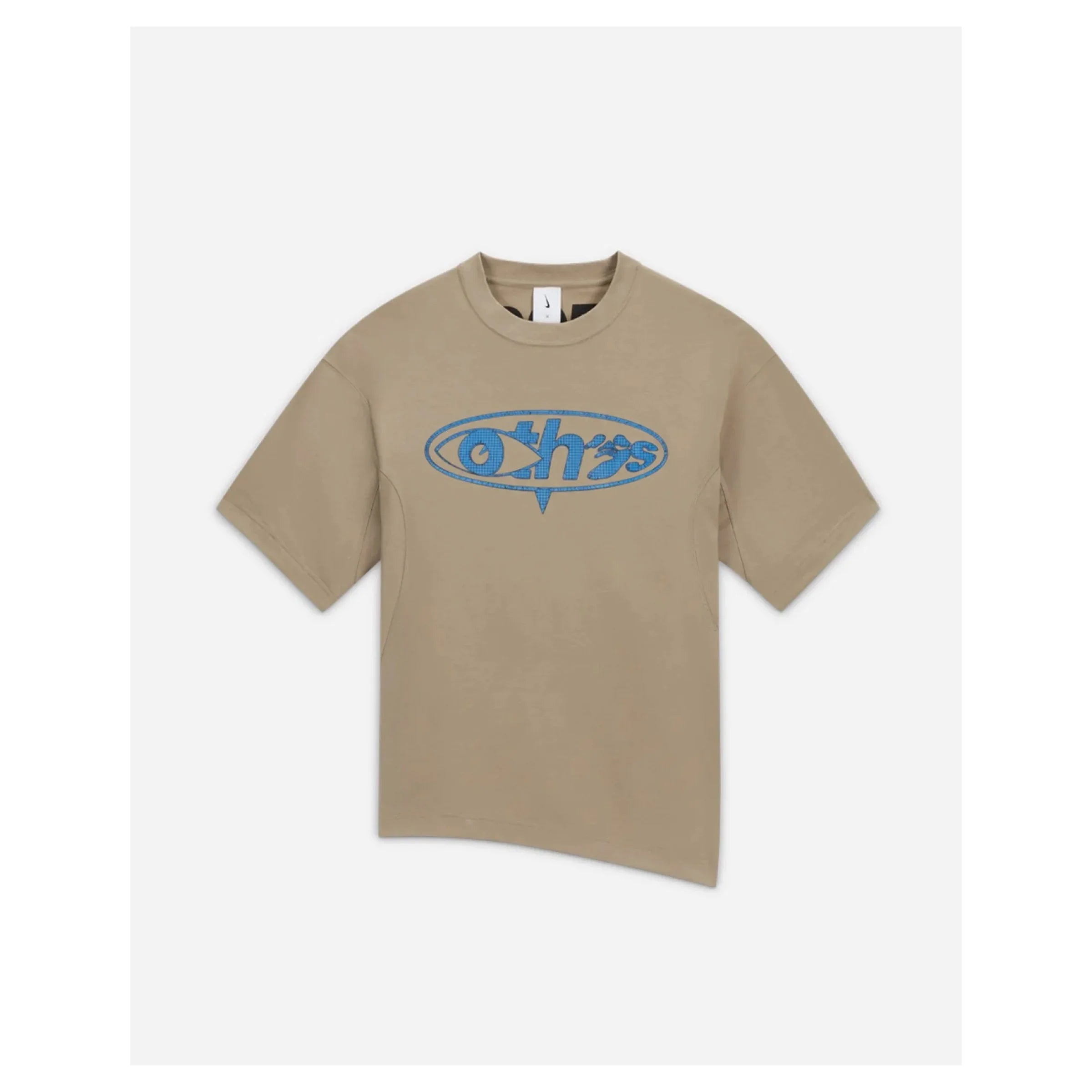 Oversize kesim bej renk Ohh's markalı mavi logo baskılı tişört