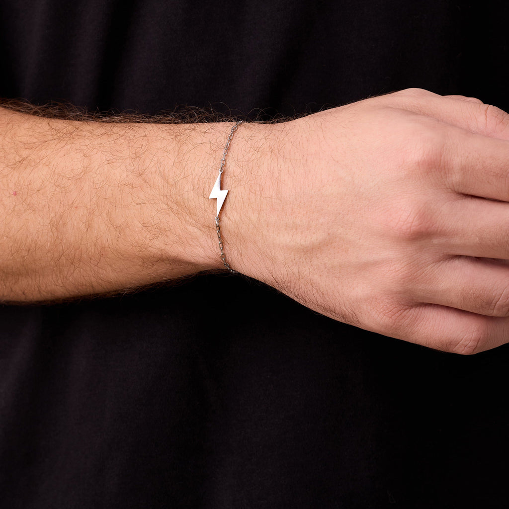 Gümüş Kaplama Çelik Şimşekli Zincir Erkek Bileklik