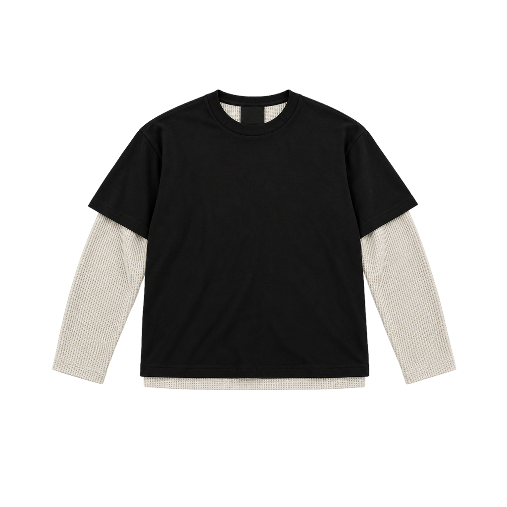 Syna Double Sleeve Waffle Knit Black/Cream Tee