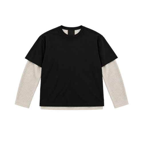Syna Double Sleeve Waffle Knit Black/Cream Tee